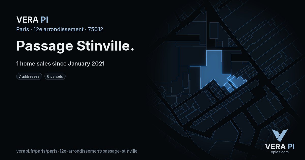 Passage Stinville, 12e arrondissement at night – every parcel coloured by the prices around it, the street's own parcels lit