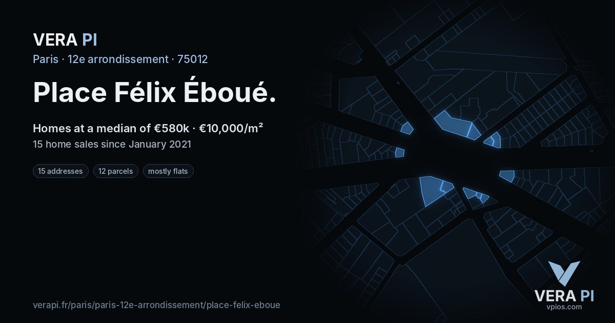 Place Félix Éboué, 12e arrondissement at night – every parcel coloured by the prices around it, the street's own parcels lit