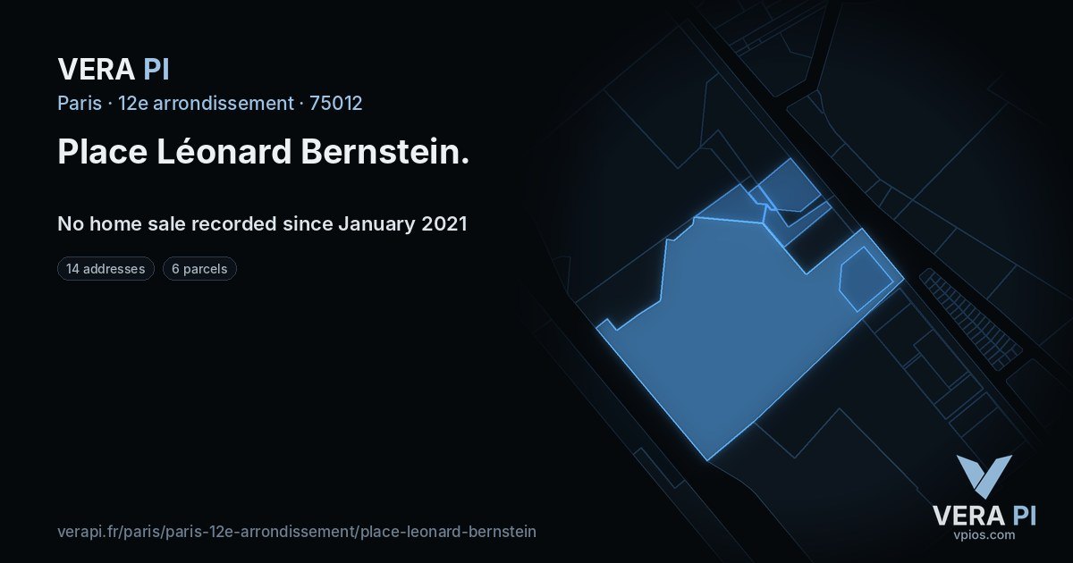 Place Léonard Bernstein, 12e arrondissement at night – every parcel coloured by the prices around it, the street's own parcels lit