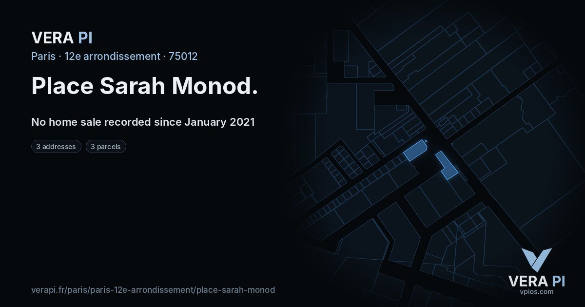 Place Sarah Monod, 12e arrondissement at night – every parcel coloured by the prices around it, the street's own parcels lit
