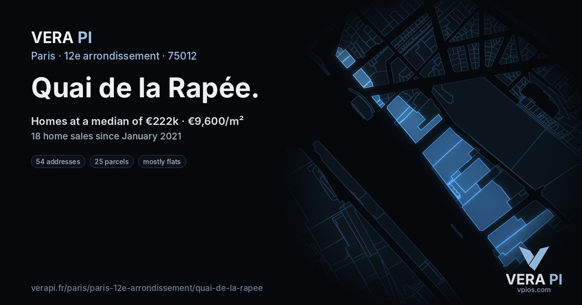 Quai de la Rapée, 12e arrondissement at night – every parcel coloured by the prices around it, the street's own parcels lit