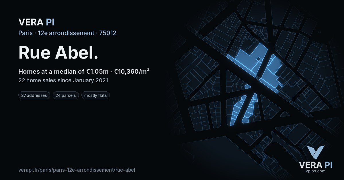 Rue Abel, 12e arrondissement at night – every parcel coloured by the prices around it, the street's own parcels lit
