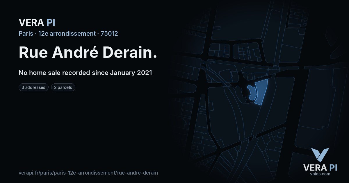 Rue André Derain, 12e arrondissement at night – every parcel coloured by the prices around it, the street's own parcels lit