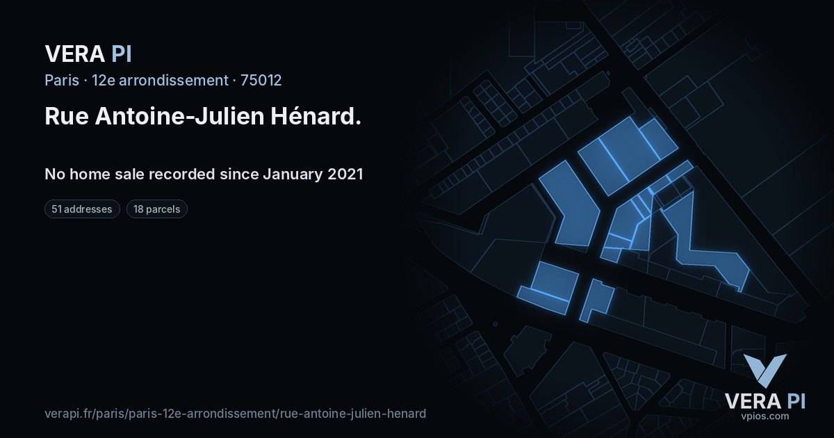 Rue Antoine-Julien Hénard, 12e arrondissement at night – every parcel coloured by the prices around it, the street's own parcels lit