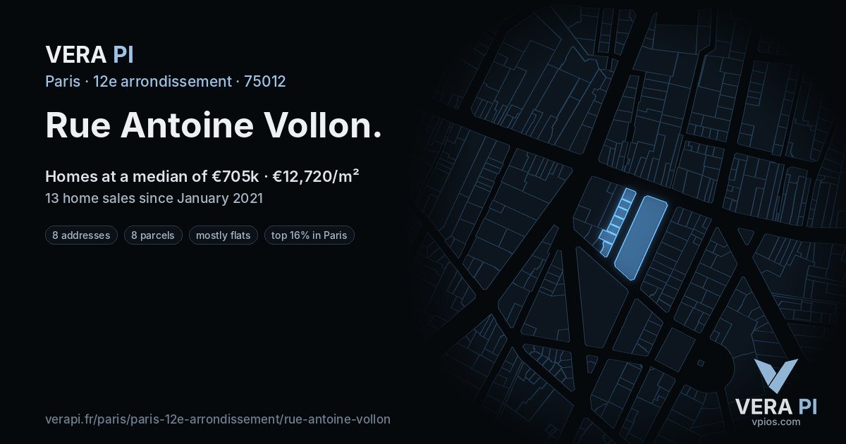 Rue Antoine Vollon, 12e arrondissement at night – every parcel coloured by the prices around it, the street's own parcels lit