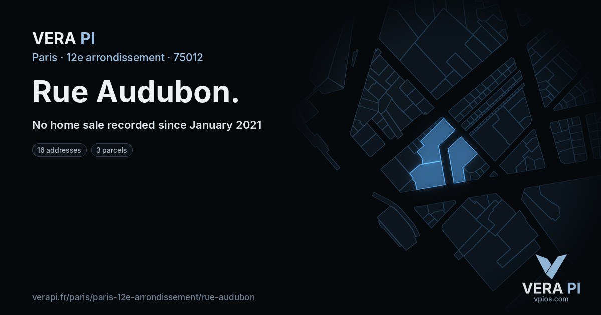 Rue Audubon, 12e arrondissement at night – every parcel coloured by the prices around it, the street's own parcels lit