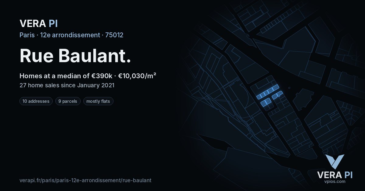 Rue Baulant, 12e arrondissement at night – every parcel coloured by the prices around it, the street's own parcels lit