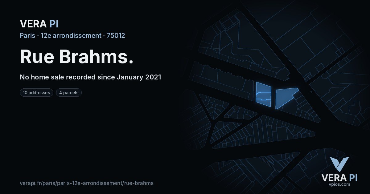 Rue Brahms, 12e arrondissement at night – every parcel coloured by the prices around it, the street's own parcels lit