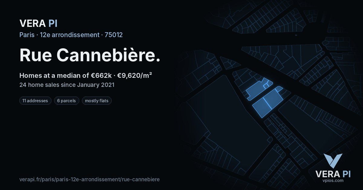 Rue Cannebière, 12e arrondissement at night – every parcel coloured by the prices around it, the street's own parcels lit