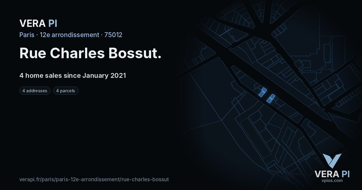Rue Charles Bossut, 12e arrondissement at night – every parcel coloured by the prices around it, the street's own parcels lit