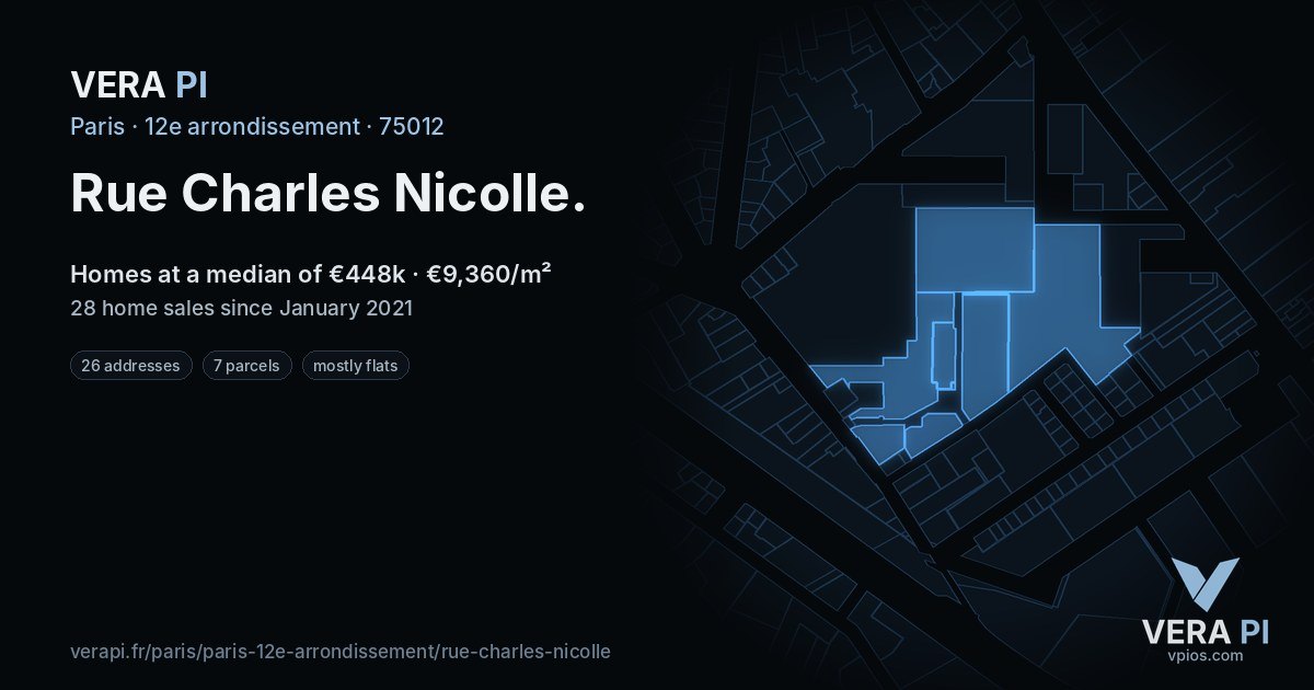 Rue Charles Nicolle, 12e arrondissement at night – every parcel coloured by the prices around it, the street's own parcels lit