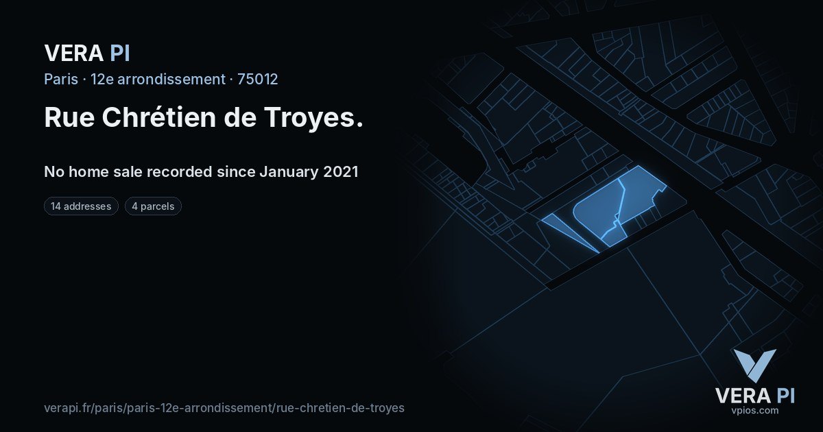 Rue Chrétien de Troyes, 12e arrondissement at night – every parcel coloured by the prices around it, the street's own parcels lit
