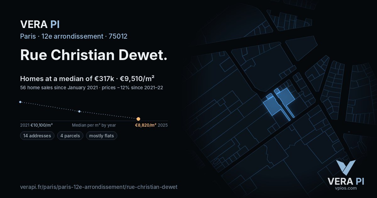 Rue Christian Dewet, 12e arrondissement at night – every parcel coloured by the prices around it, the street's own parcels lit