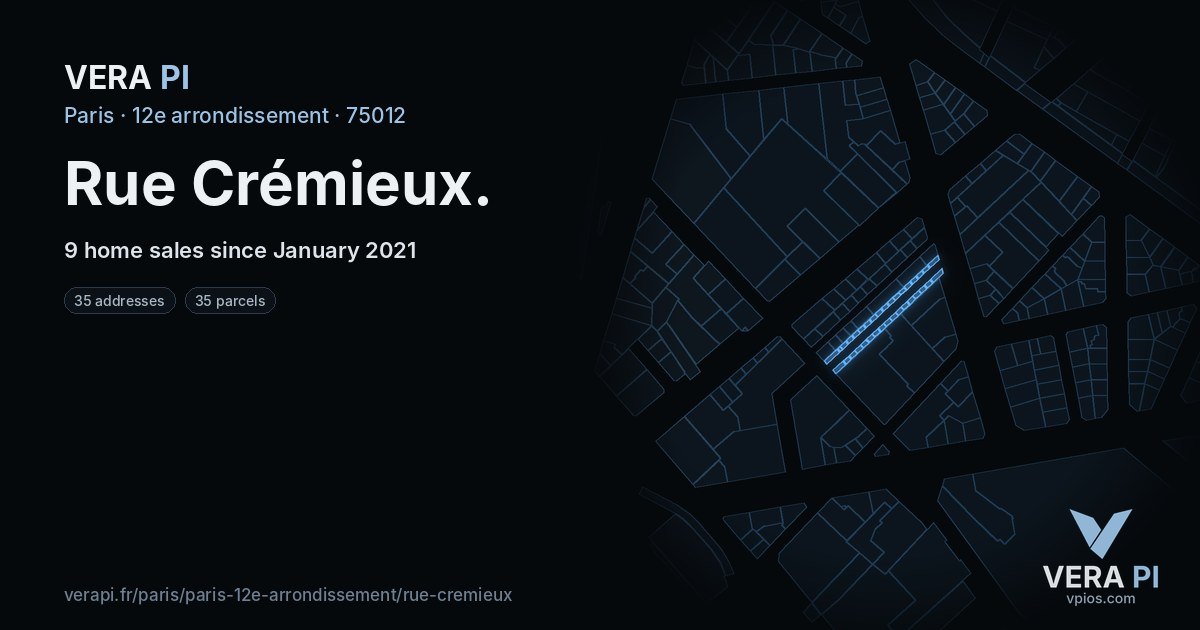 Rue Crémieux, 12e arrondissement at night – every parcel coloured by the prices around it, the street's own parcels lit