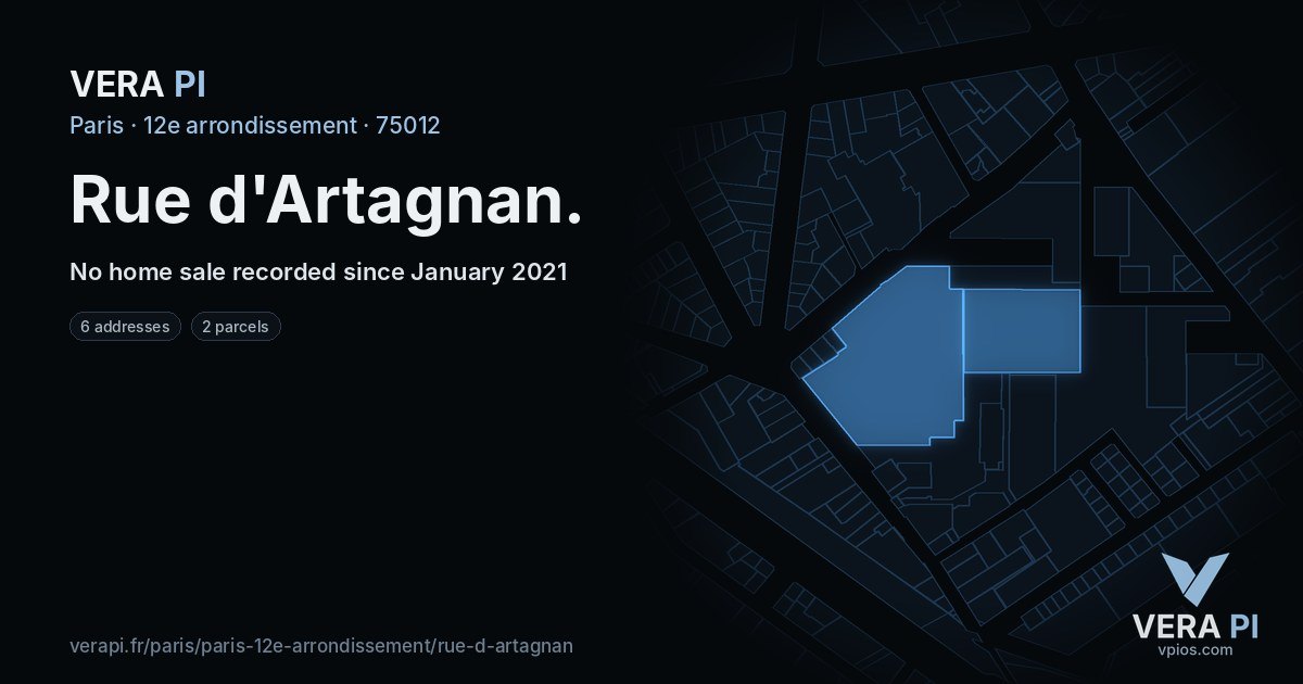 Rue d'Artagnan, 12e arrondissement at night – every parcel coloured by the prices around it, the street's own parcels lit