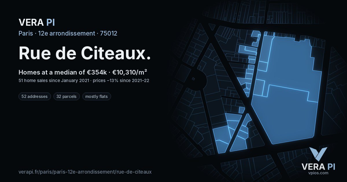 Rue de Citeaux, 12e arrondissement at night – every parcel coloured by the prices around it, the street's own parcels lit