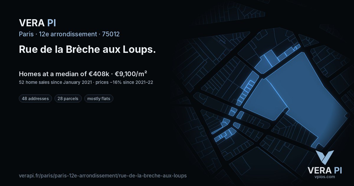 Rue de la Brèche aux Loups, 12e arrondissement at night – every parcel coloured by the prices around it, the street's own parcels lit