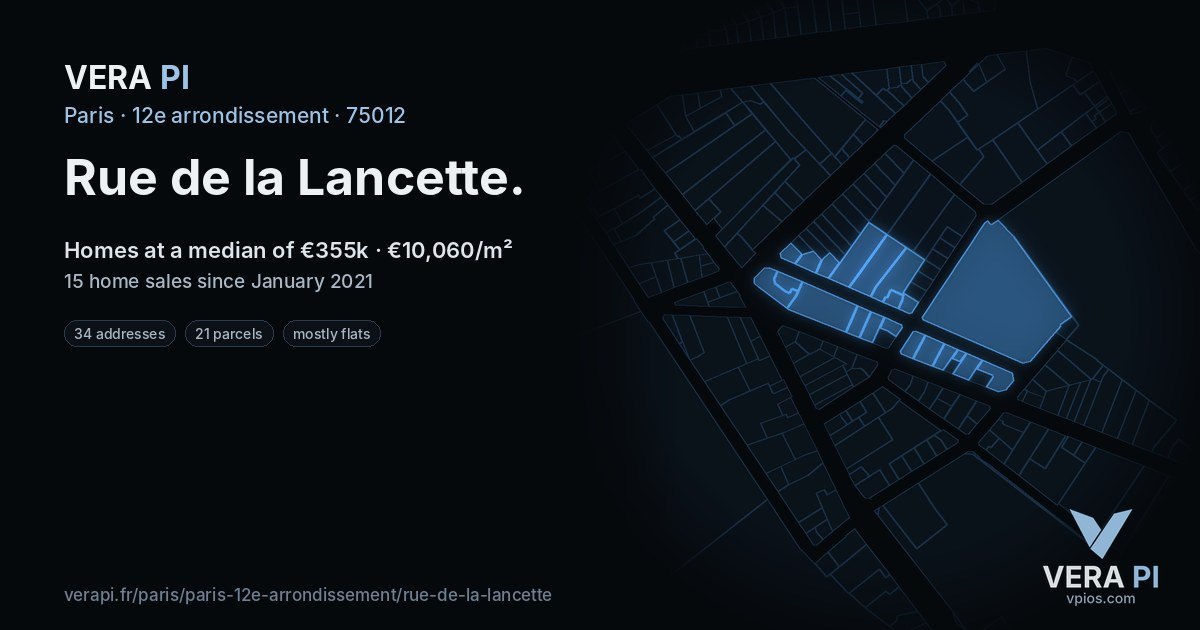 Rue de la Lancette, 12e arrondissement at night – every parcel coloured by the prices around it, the street's own parcels lit