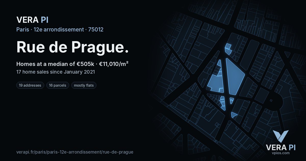 Rue de Prague, 12e arrondissement at night – every parcel coloured by the prices around it, the street's own parcels lit