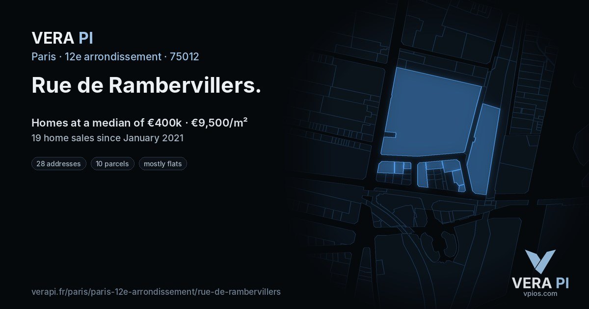 Rue de Rambervillers, 12e arrondissement at night – every parcel coloured by the prices around it, the street's own parcels lit