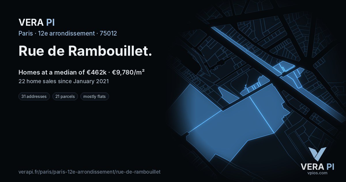 Rue de Rambouillet, 12e arrondissement at night – every parcel coloured by the prices around it, the street's own parcels lit