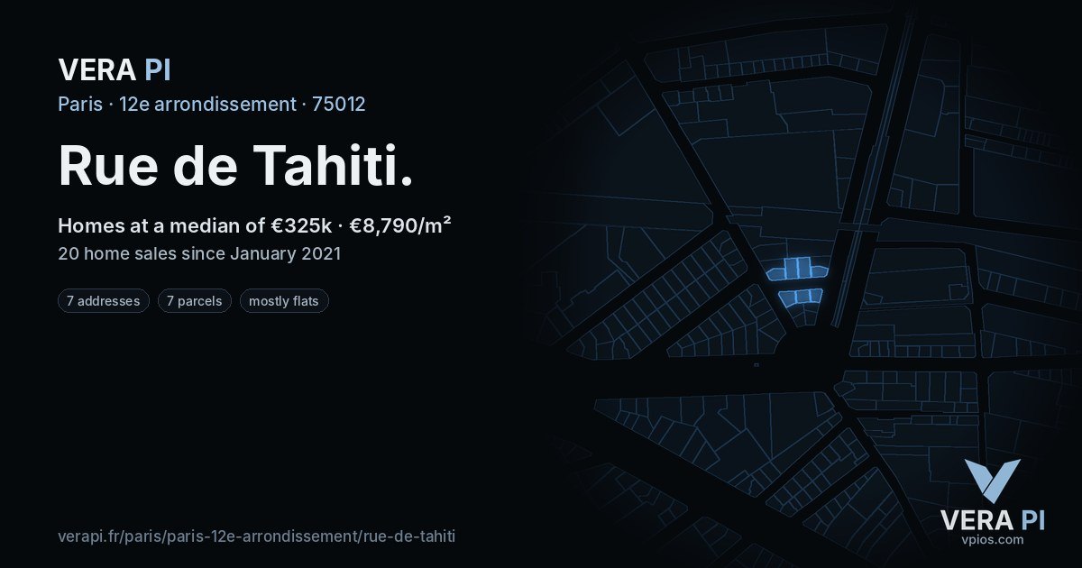 Rue de Tahiti, 12e arrondissement at night – every parcel coloured by the prices around it, the street's own parcels lit