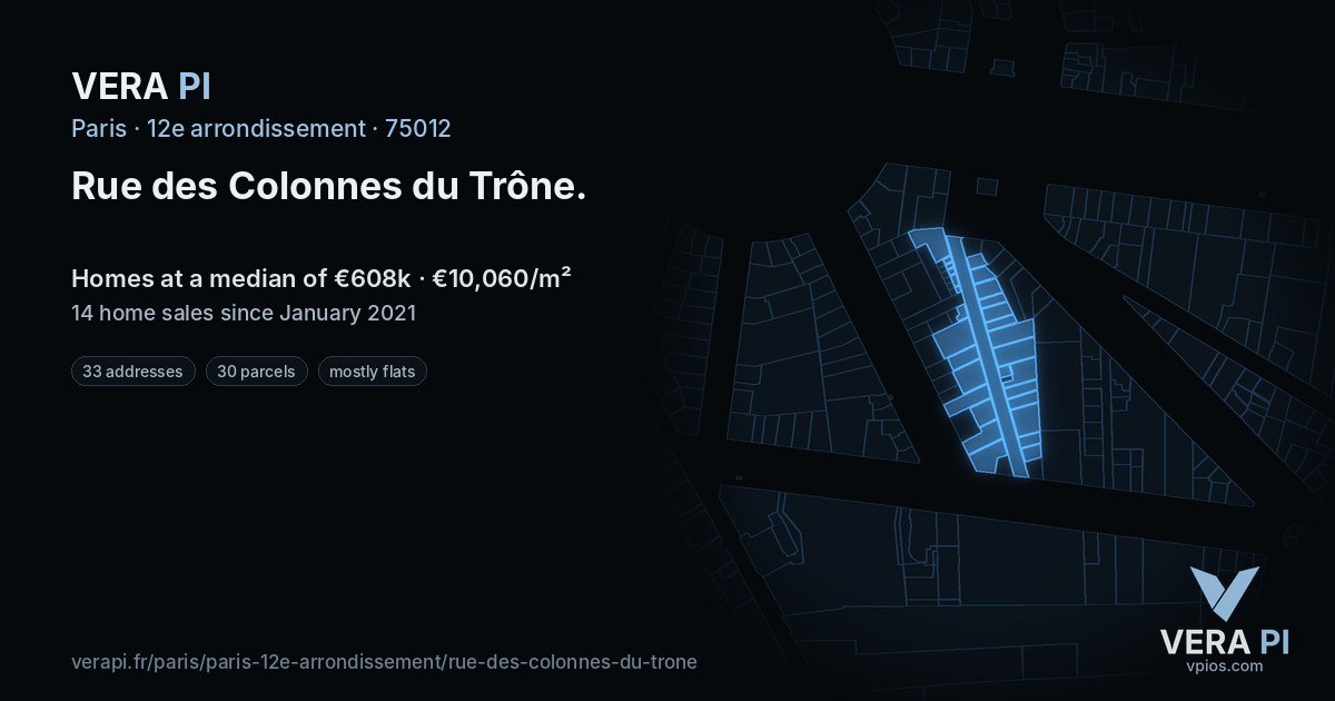Rue des Colonnes du Trône, 12e arrondissement at night – every parcel coloured by the prices around it, the street's own parcels lit