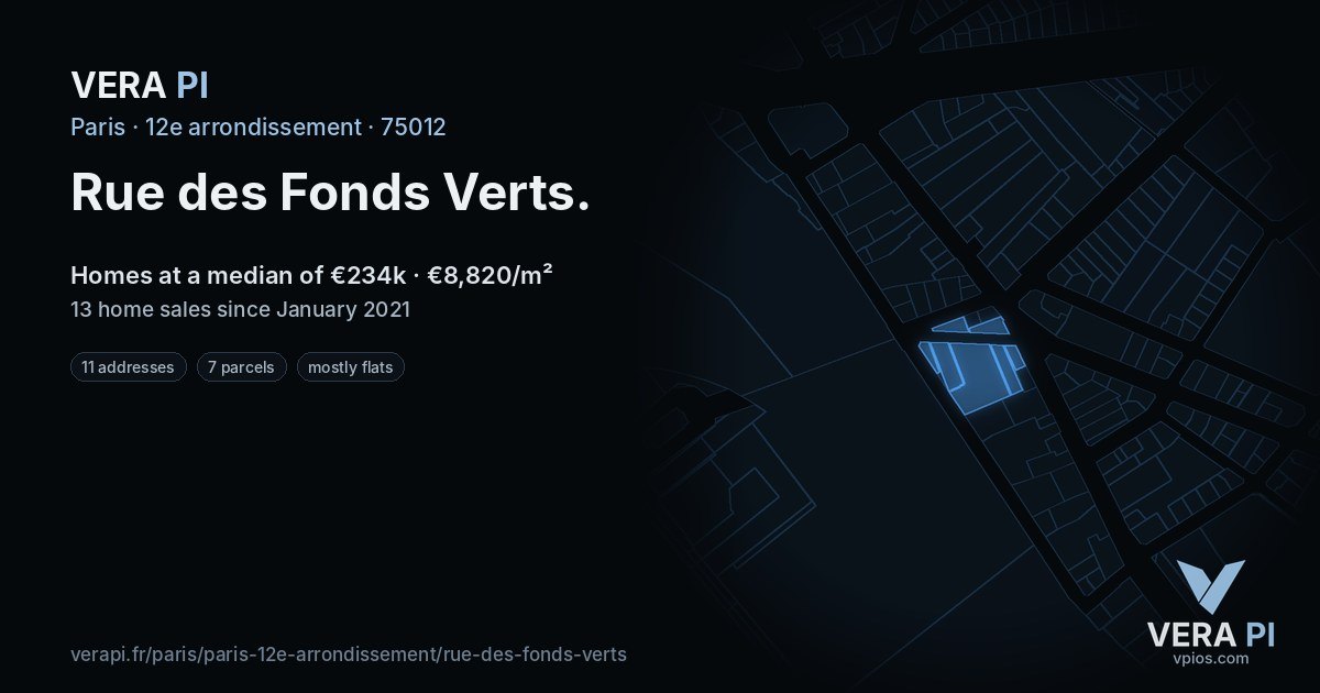 Rue des Fonds Verts, 12e arrondissement at night – every parcel coloured by the prices around it, the street's own parcels lit
