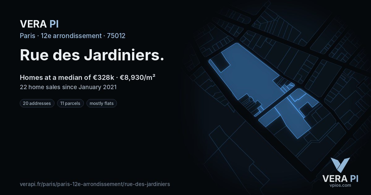 Rue des Jardiniers, 12e arrondissement at night – every parcel coloured by the prices around it, the street's own parcels lit