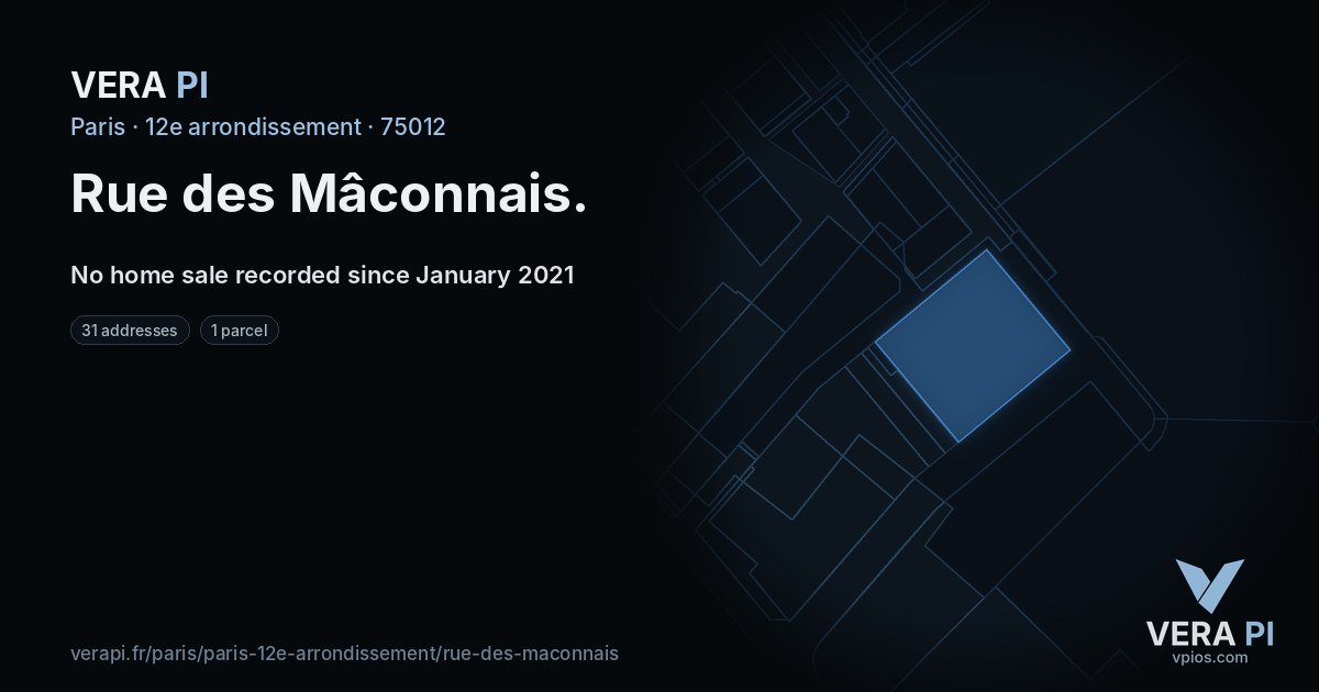 Rue des Mâconnais, 12e arrondissement at night – every parcel coloured by the prices around it, the street's own parcels lit