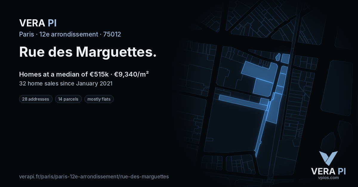 Rue des Marguettes, 12e arrondissement at night – every parcel coloured by the prices around it, the street's own parcels lit