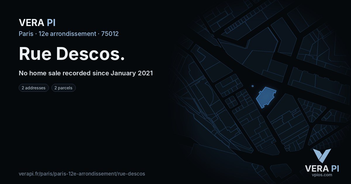 Rue Descos, 12e arrondissement at night – every parcel coloured by the prices around it, the street's own parcels lit