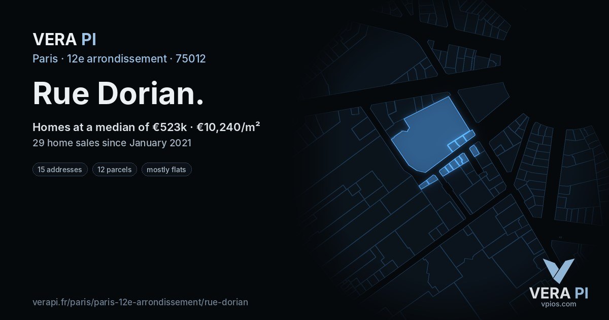 Rue Dorian, 12e arrondissement at night – every parcel coloured by the prices around it, the street's own parcels lit