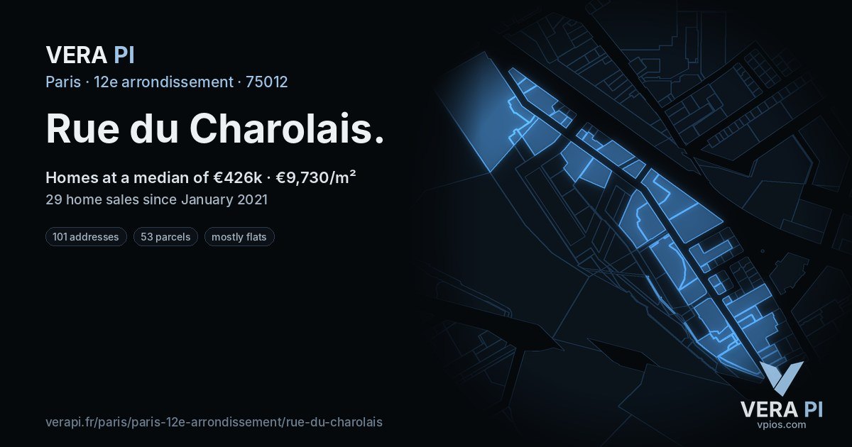 Rue du Charolais, 12e arrondissement at night – every parcel coloured by the prices around it, the street's own parcels lit