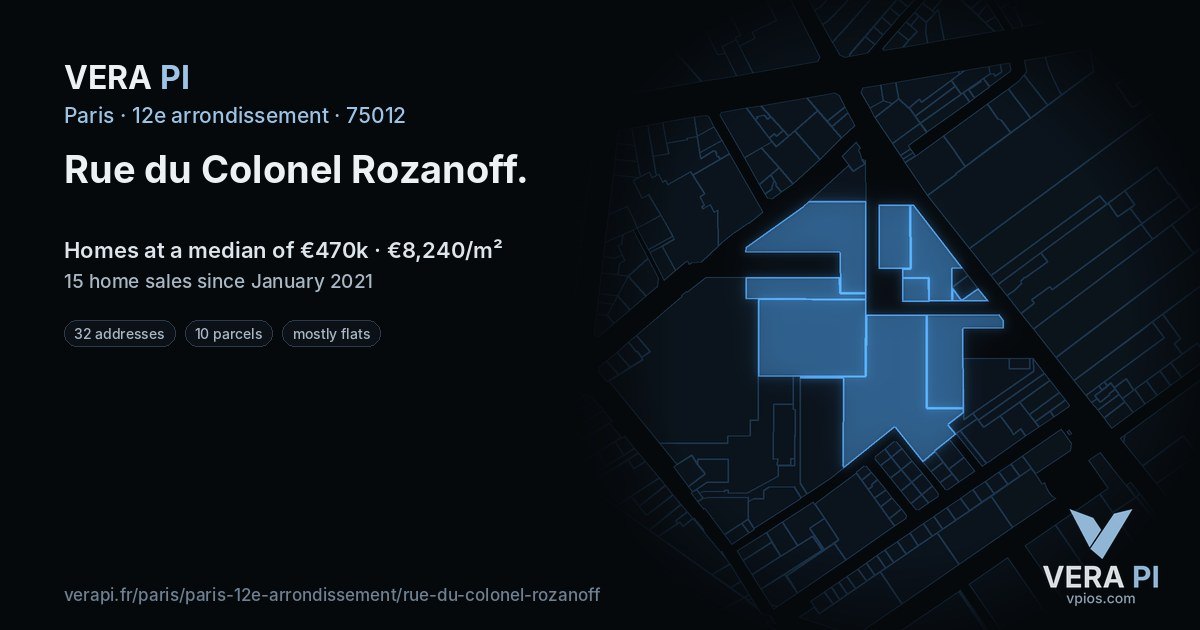 Rue du Colonel Rozanoff, 12e arrondissement at night – every parcel coloured by the prices around it, the street's own parcels lit