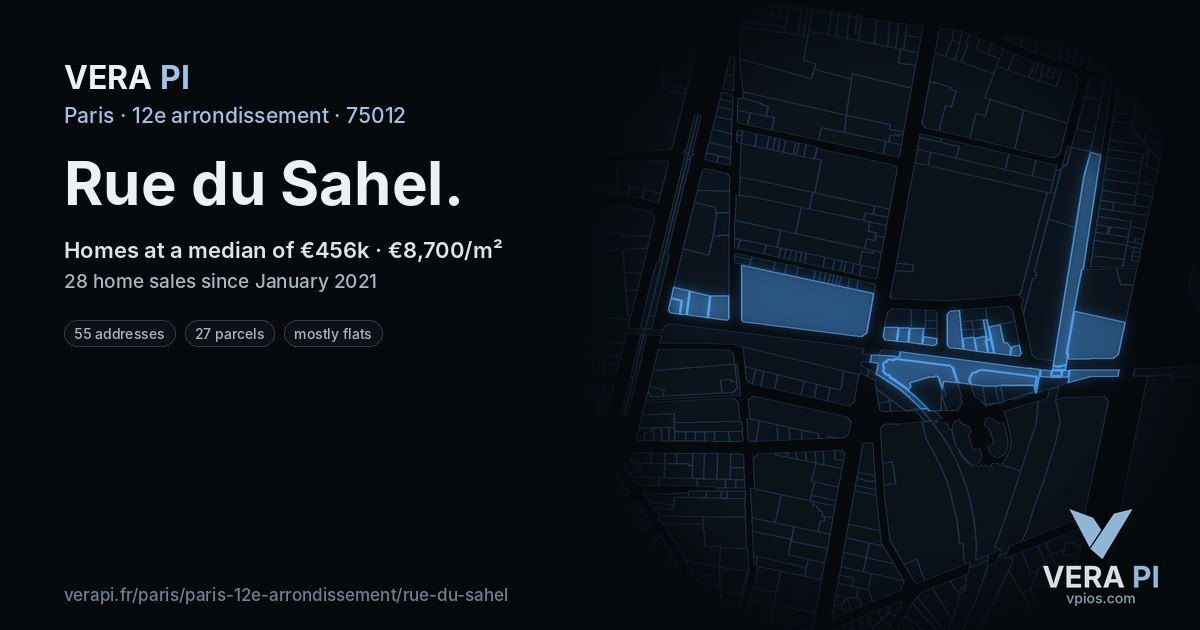 Rue du Sahel, 12e arrondissement at night – every parcel coloured by the prices around it, the street's own parcels lit