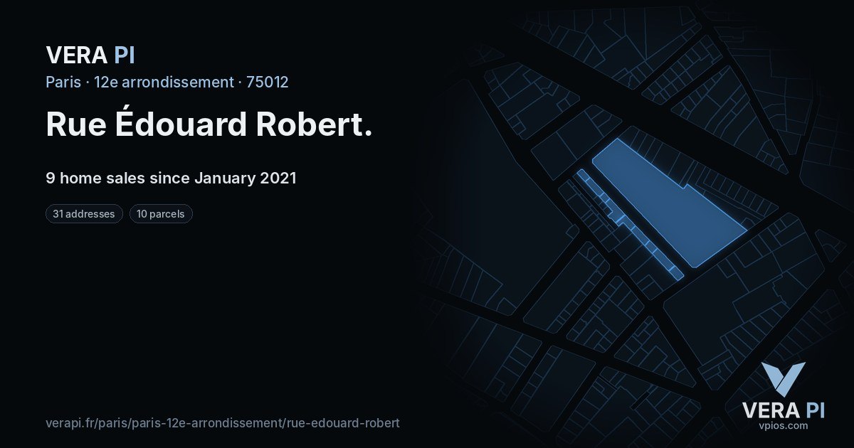 Rue Édouard Robert, 12e arrondissement at night – every parcel coloured by the prices around it, the street's own parcels lit