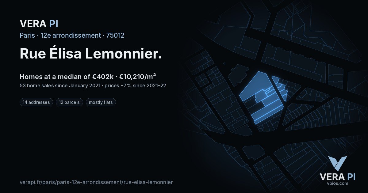 Rue Élisa Lemonnier, 12e arrondissement at night – every parcel coloured by the prices around it, the street's own parcels lit