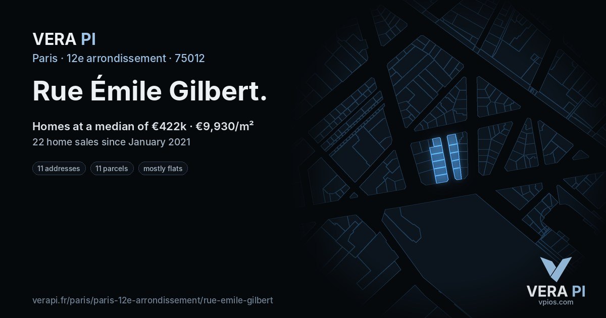 Rue Émile Gilbert, 12e arrondissement at night – every parcel coloured by the prices around it, the street's own parcels lit