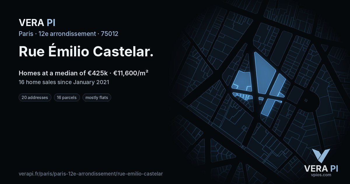 Rue Émilio Castelar, 12e arrondissement at night – every parcel coloured by the prices around it, the street's own parcels lit