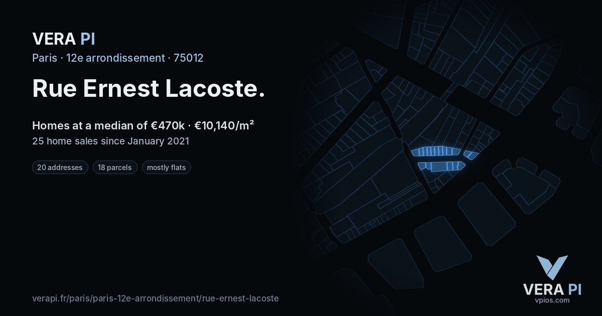 Rue Ernest Lacoste, 12e arrondissement at night – every parcel coloured by the prices around it, the street's own parcels lit