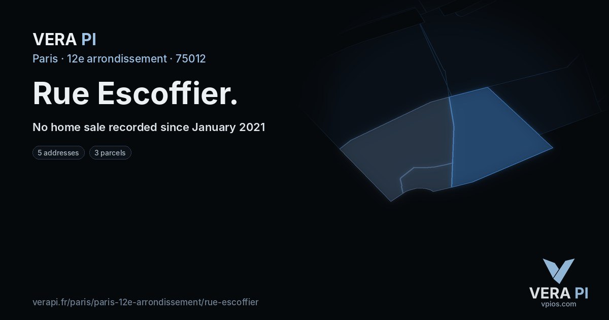 Rue Escoffier, 12e arrondissement at night – every parcel coloured by the prices around it, the street's own parcels lit