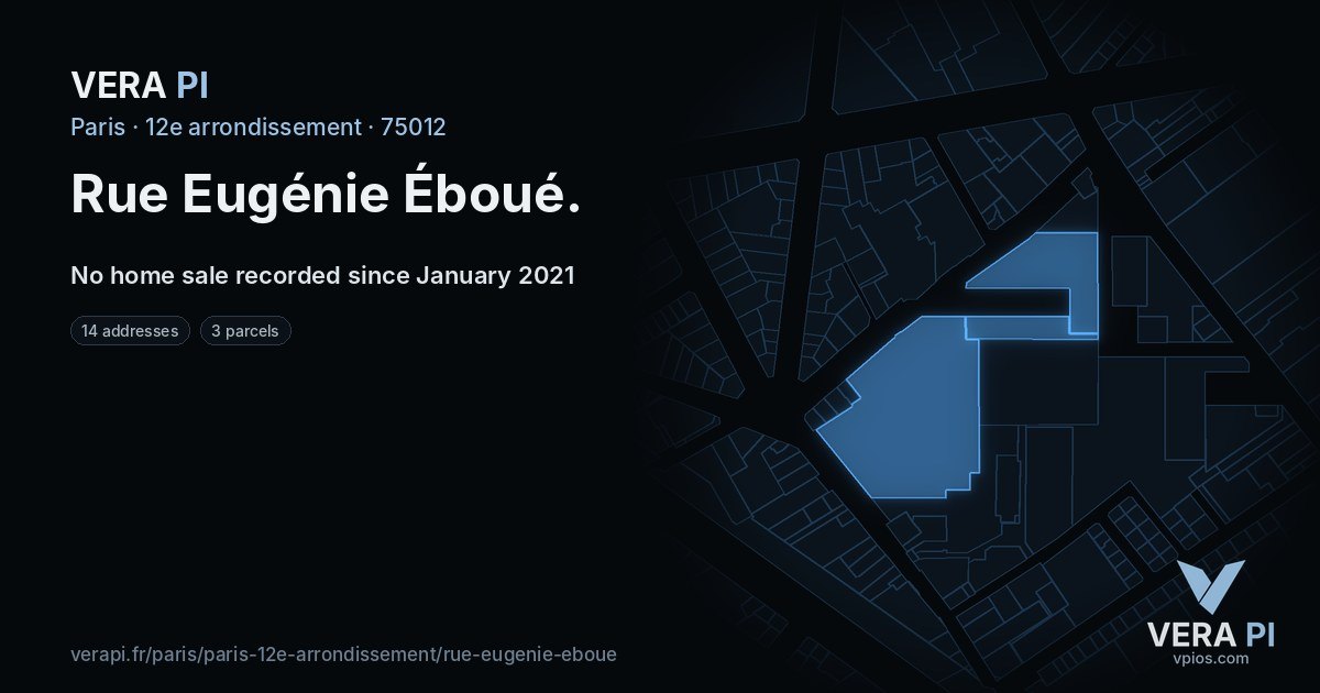 Rue Eugénie Éboué, 12e arrondissement at night – every parcel coloured by the prices around it, the street's own parcels lit