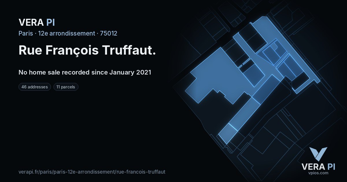 Rue François Truffaut, 12e arrondissement at night – every parcel coloured by the prices around it, the street's own parcels lit