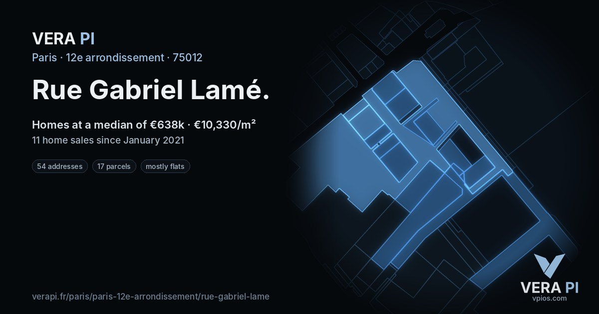 Rue Gabriel Lamé, 12e arrondissement at night – every parcel coloured by the prices around it, the street's own parcels lit