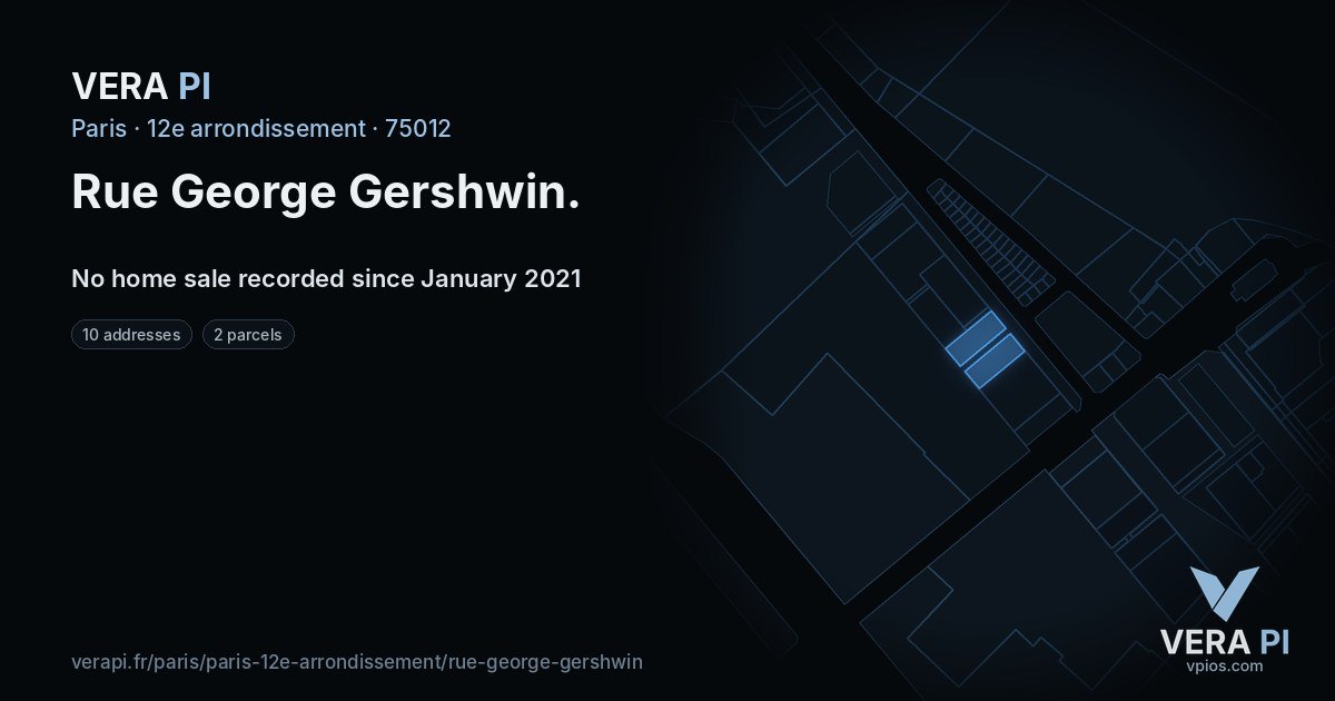 Rue George Gershwin, 12e arrondissement at night – every parcel coloured by the prices around it, the street's own parcels lit