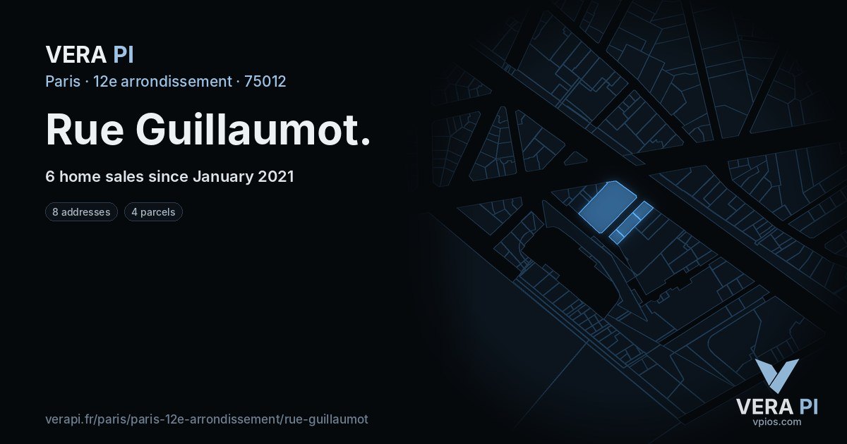 Rue Guillaumot, 12e arrondissement at night – every parcel coloured by the prices around it, the street's own parcels lit