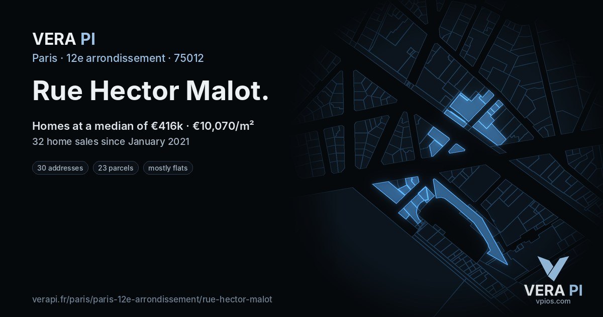 Rue Hector Malot, 12e arrondissement at night – every parcel coloured by the prices around it, the street's own parcels lit