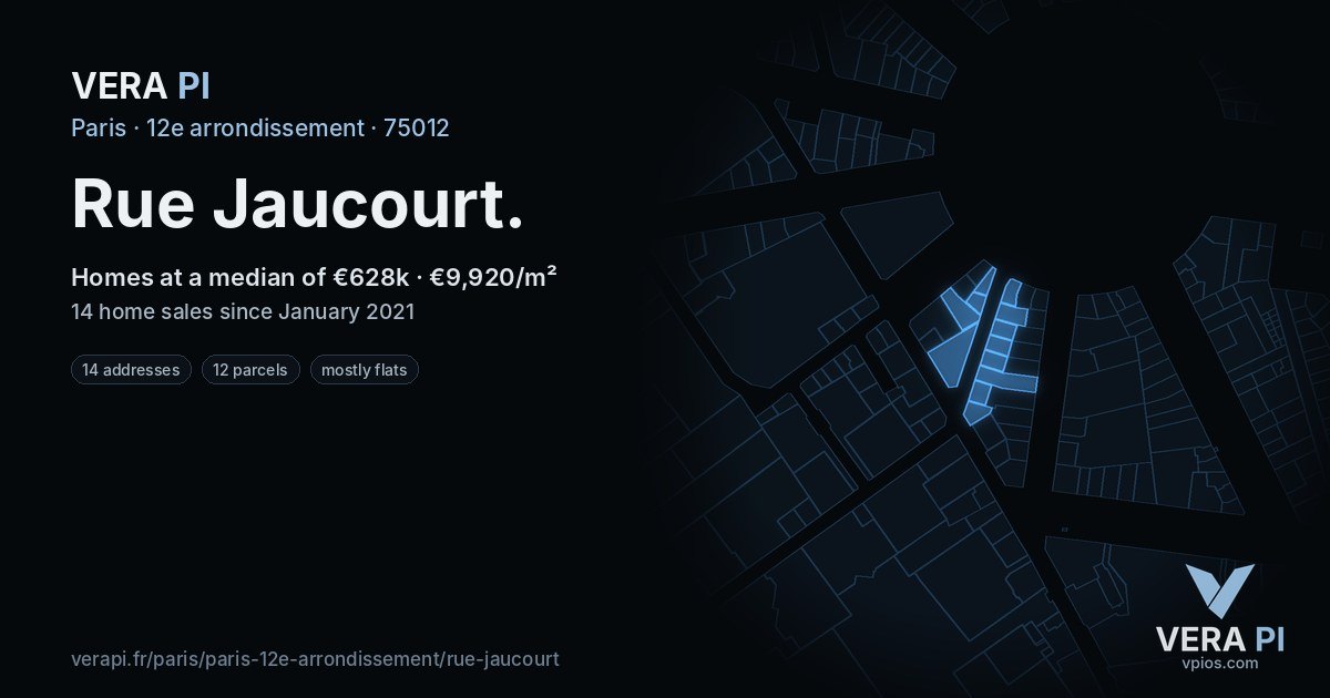 Rue Jaucourt, 12e arrondissement at night – every parcel coloured by the prices around it, the street's own parcels lit