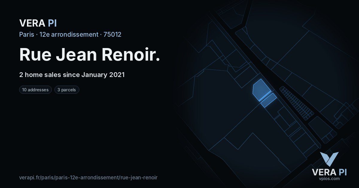 Rue Jean Renoir, 12e arrondissement at night – every parcel coloured by the prices around it, the street's own parcels lit